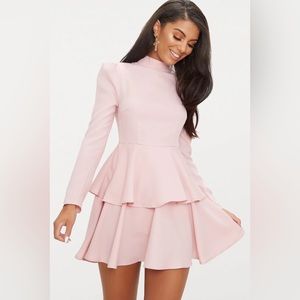 PRETTYLITTLETHING- dusty pink high neck tiered skater dress